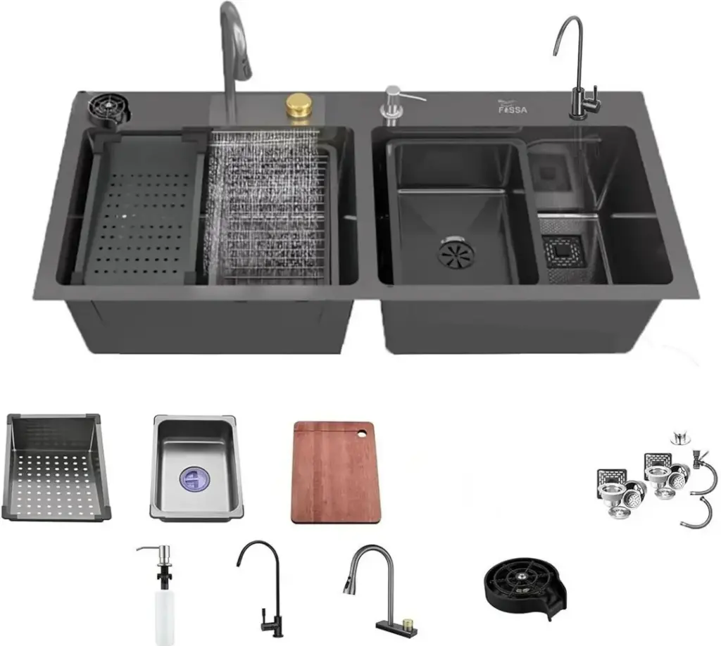 Double Bowl Black Nano Stainless Steel Workstation Sink – 47"x18"x10", Waterfall Feature & Honeycomb Embossed Finish with Full Accessory Kit 