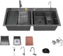 Double Bowl Black Nano Stainless Steel Workstation Sink – 47"x18"x10", Waterfall Feature & Honeycomb Embossed Finish with Full Accessory Kit 