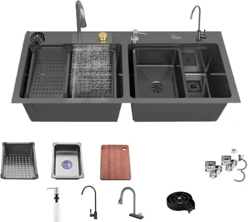 [2] Double Bowl Black Nano Stainless Steel Workstation Sink – 47"x18"x10", Waterfall Feature & Honeycomb Embossed Finish with Full Accessory Kit 