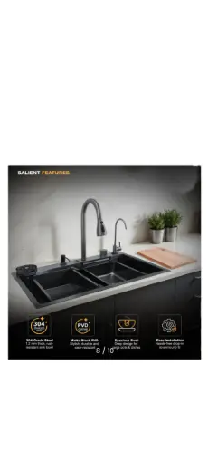 [1] Nano Black 304-Grade Kitchen Sink with Integrated Waterfall, Pull-Out & RO Faucet (30 x 18 x 9 Inches)